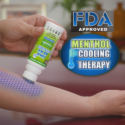 FDA Approved menthol cooling therapy hand holding Cold As Ice Gel Roll On tube applying onto their forearm 