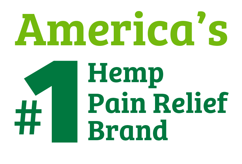 badge reading "America's #1 Hemp Pain Relief Brand" in green letters in front of white background