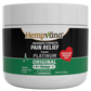 A white plastic jar of Hempvana Maximum Strength Pain Relief Cream Platinum Original, featuring a black and green label with white text and a red heart badge.