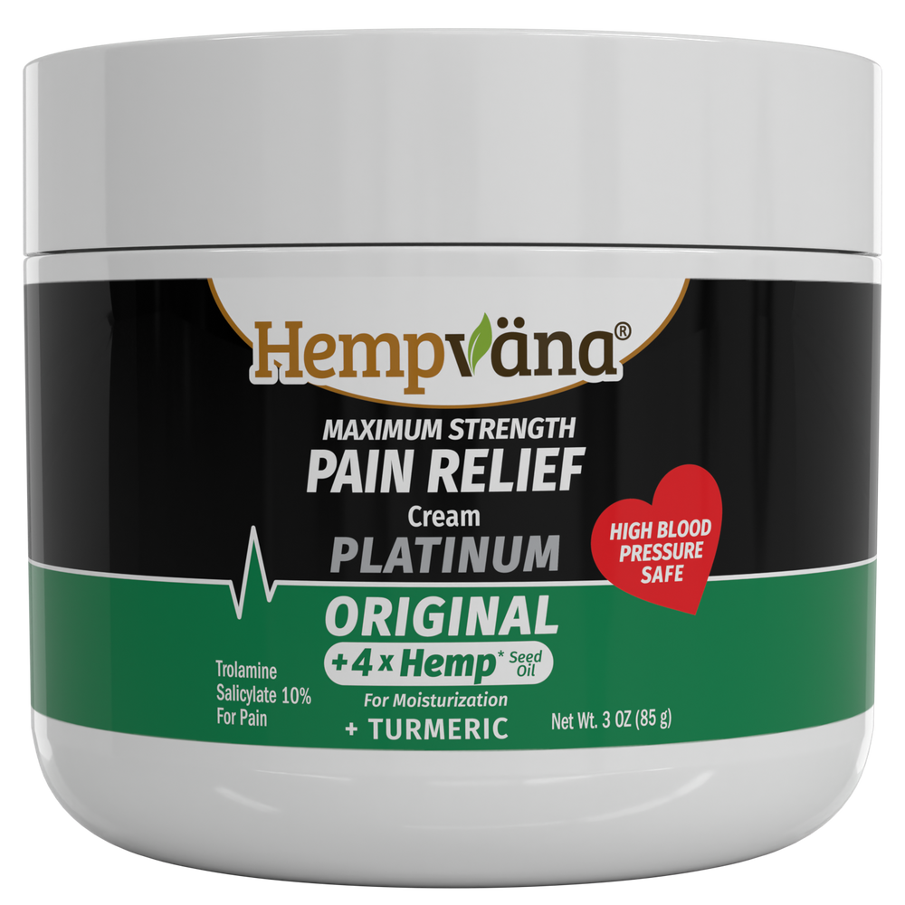 A white plastic jar of Hempvana Maximum Strength Pain Relief Cream Platinum Original, featuring a black and green label with white text and a red heart badge.