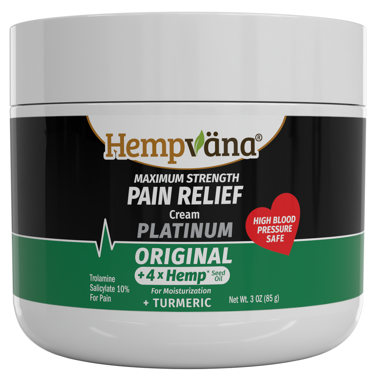 A white plastic jar of Hempvana Maximum Strength Pain Relief Cream Platinum Original, featuring a black and green label with white text and a red heart badge.