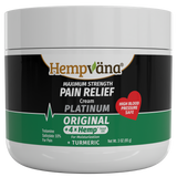A white plastic jar of Hempvana Maximum Strength Pain Relief Cream Platinum Original, featuring a black and green label with white text and a red heart badge.