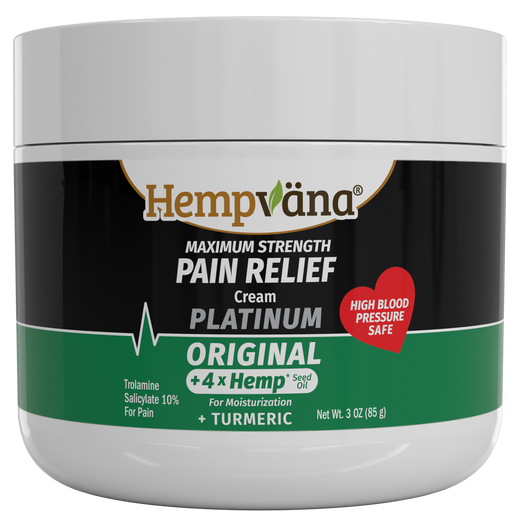A white plastic jar of Hempvana Maximum Strength Pain Relief Cream Platinum Original, featuring a black and green label with white text and a red heart badge.