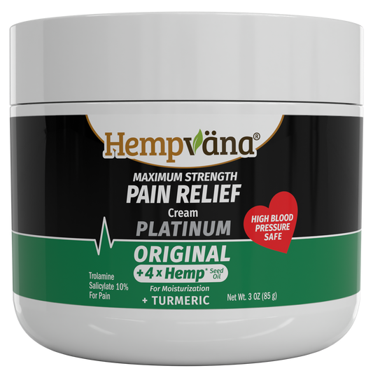 A white plastic jar of Hempvana Maximum Strength Pain Relief Cream Platinum Original, featuring a black and green label with white text and a red heart badge.