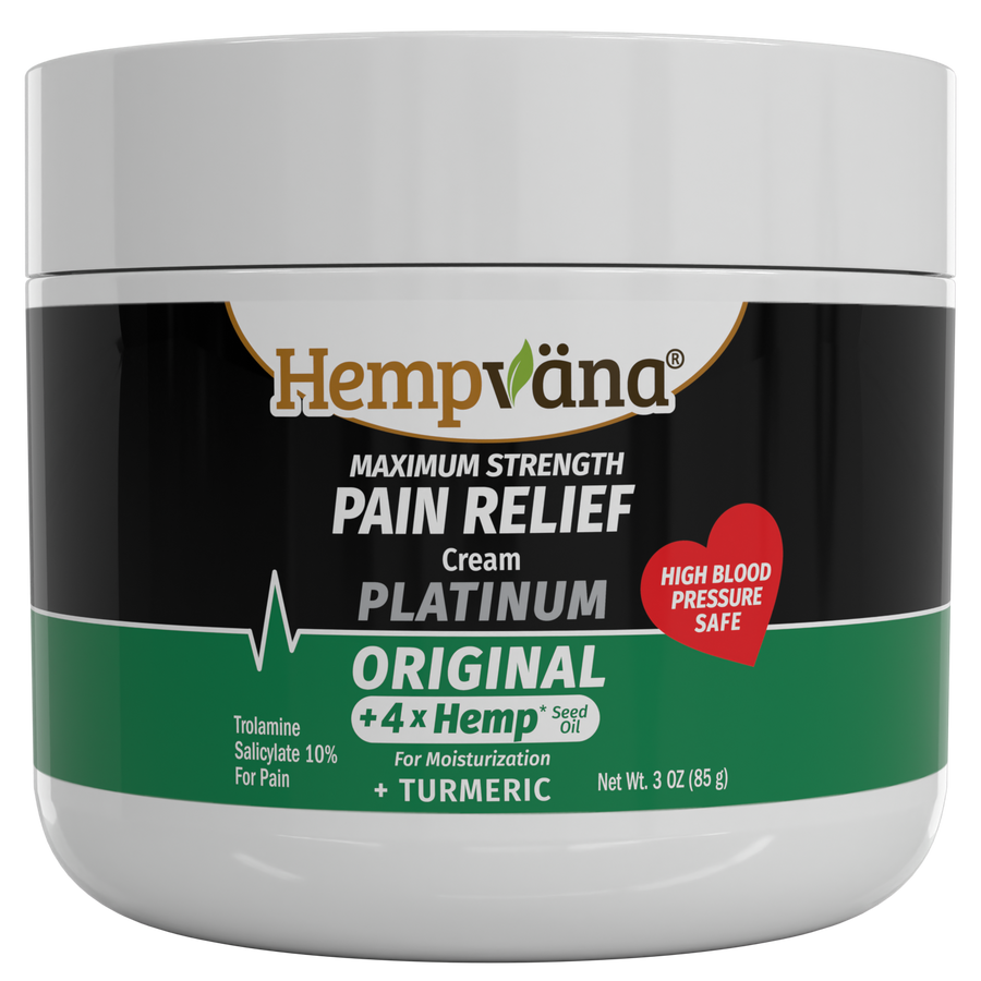 A white plastic jar of Hempvana Maximum Strength Pain Relief Cream Platinum Original, featuring a black and green label with white text and a red heart badge.