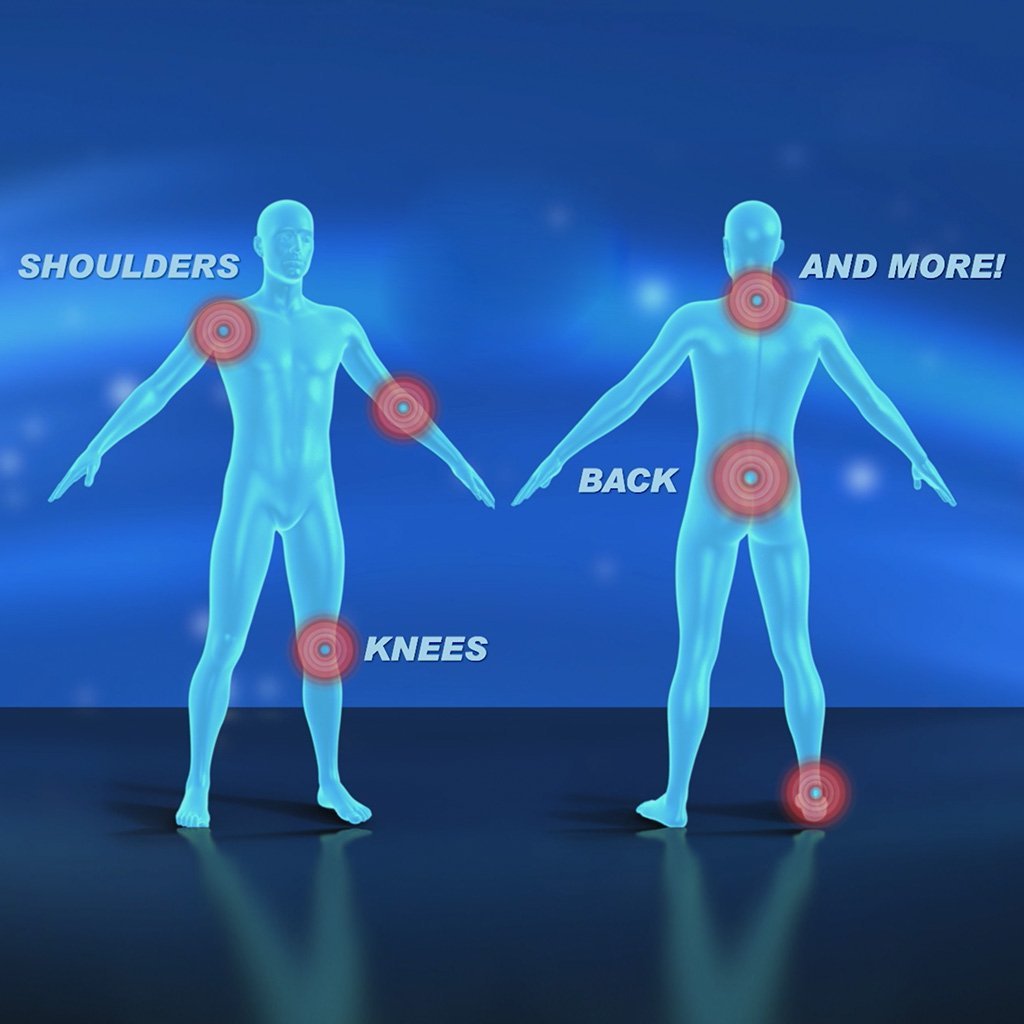 Red targets on body diagrams showing target locations on shoulders, back, knees, and more!